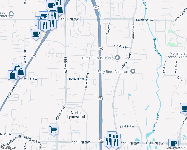 map of restaurants, bars, coffee shops, grocery stores, and more near 3107 156th Street Southwest in Lynnwood