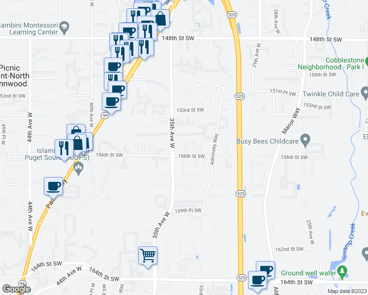 map of restaurants, bars, coffee shops, grocery stores, and more near 3407 156th Street Southwest in Lynnwood