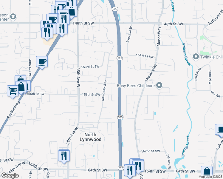 map of restaurants, bars, coffee shops, grocery stores, and more near 3107 156th Street Southwest in Lynnwood