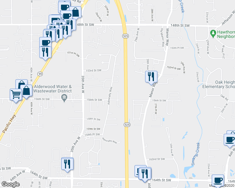 map of restaurants, bars, coffee shops, grocery stores, and more near 3107 156th Street Southwest in Lynnwood
