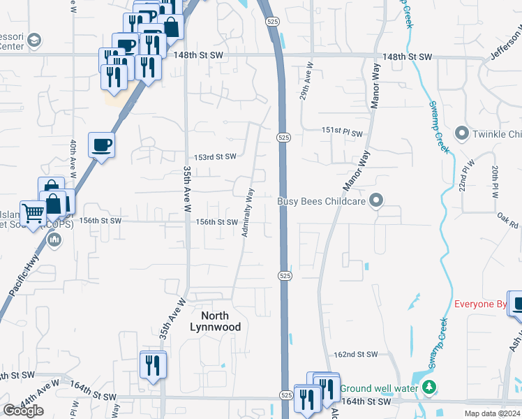 map of restaurants, bars, coffee shops, grocery stores, and more near 3107 156th Street Southwest in Lynnwood