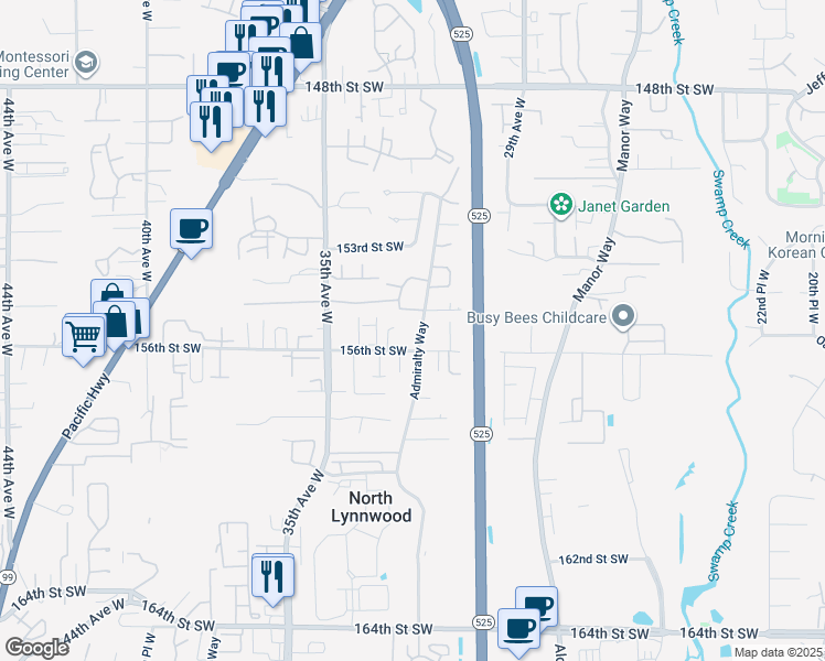 map of restaurants, bars, coffee shops, grocery stores, and more near 3225 156th Street Southwest in Lynnwood
