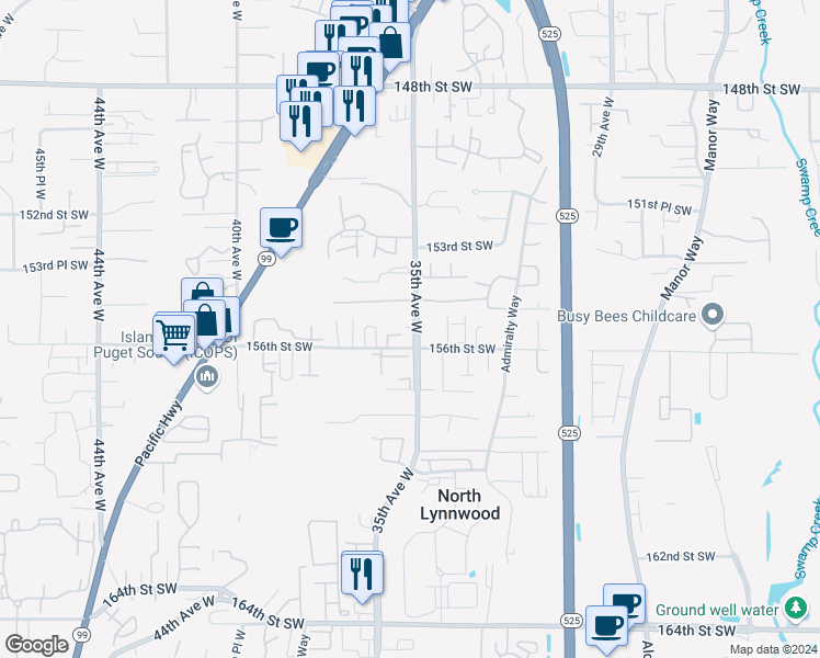 map of restaurants, bars, coffee shops, grocery stores, and more near 3421 156th Street Southwest in Lynnwood