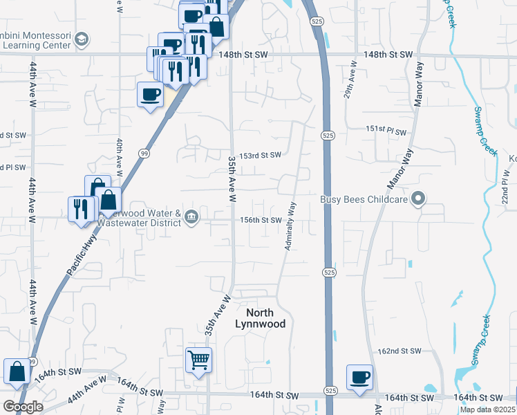 map of restaurants, bars, coffee shops, grocery stores, and more near 3311 156th Street Southwest in Lynnwood