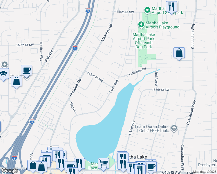 map of restaurants, bars, coffee shops, grocery stores, and more near 15509 Larch Way in Lynnwood