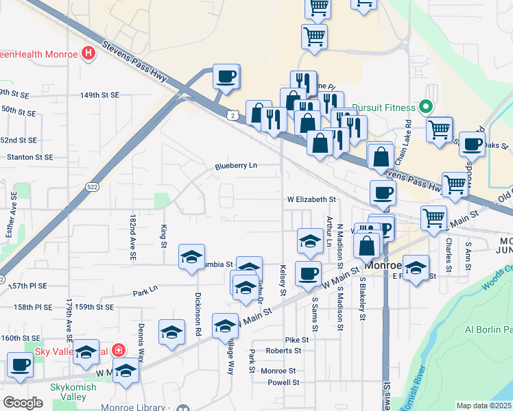 map of restaurants, bars, coffee shops, grocery stores, and more near 610 West Elizabeth Street in Monroe