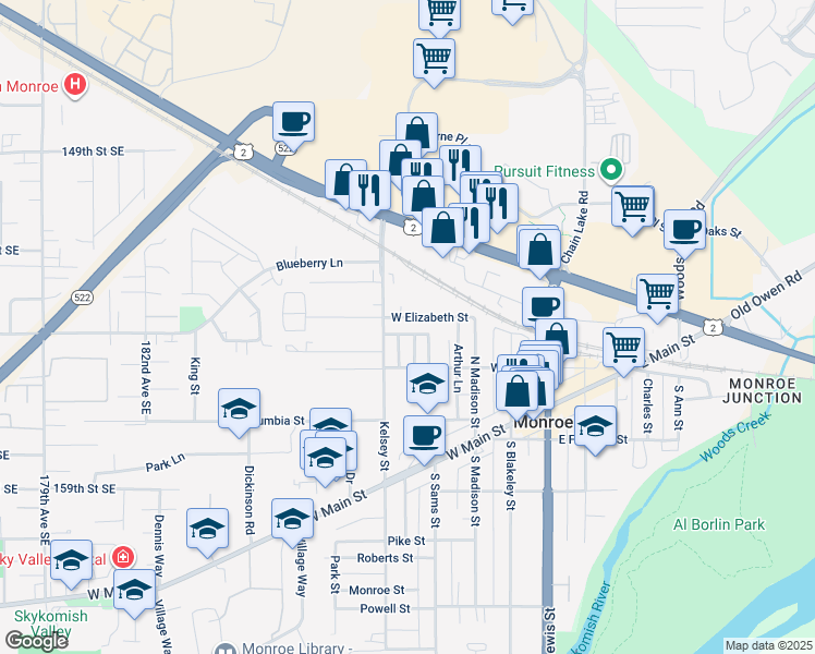 map of restaurants, bars, coffee shops, grocery stores, and more near 317 North Kelsey Street in Monroe