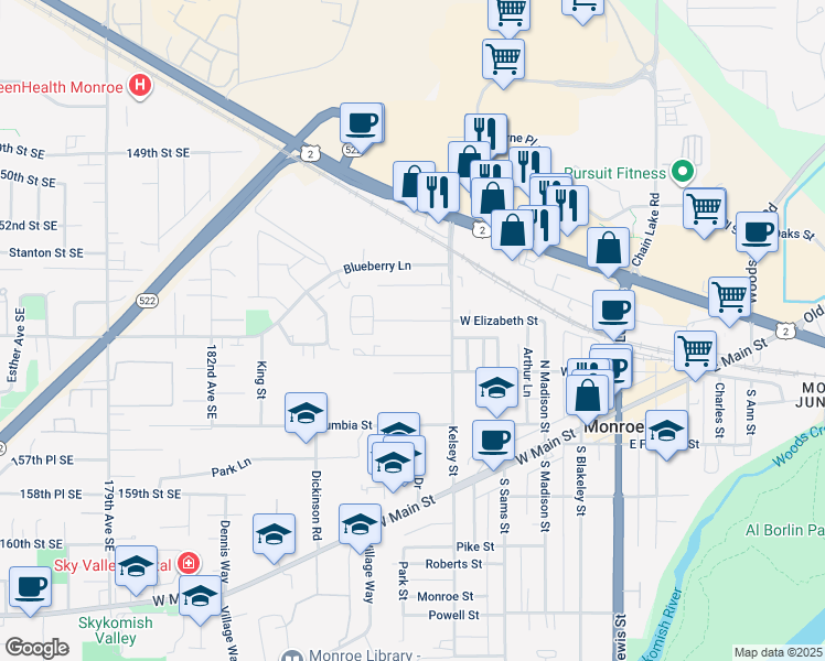 map of restaurants, bars, coffee shops, grocery stores, and more near 429 West Maple Street in Monroe