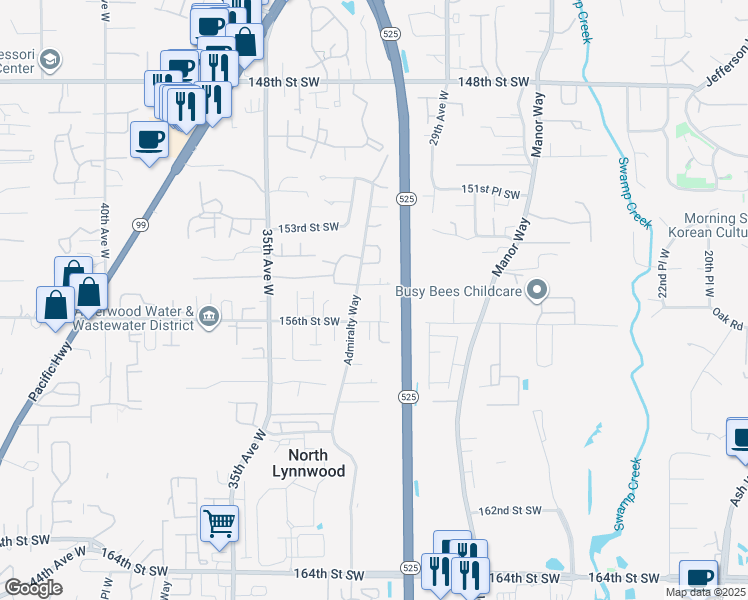 map of restaurants, bars, coffee shops, grocery stores, and more near 3107 156th Street Southwest in Lynnwood