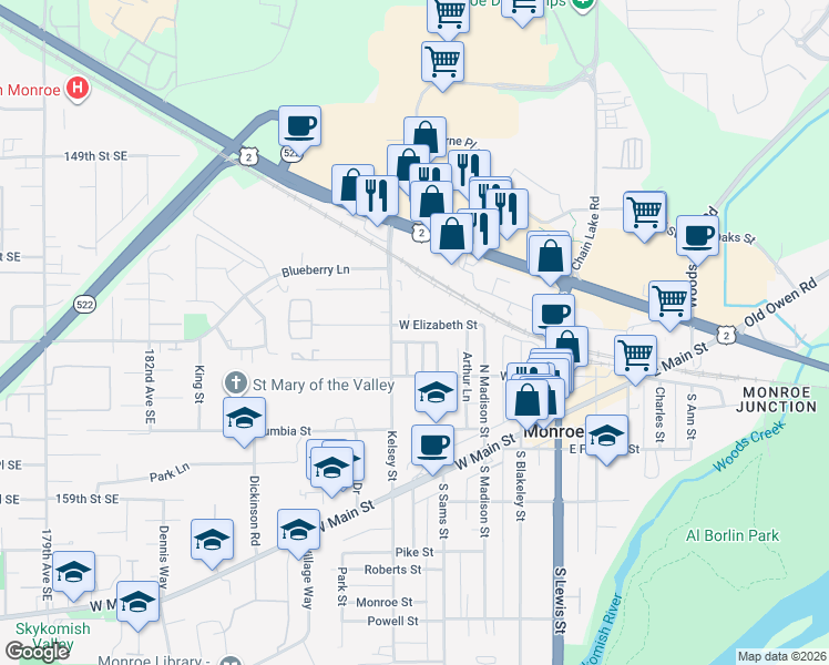 map of restaurants, bars, coffee shops, grocery stores, and more near 317 North Kelsey Street in Monroe