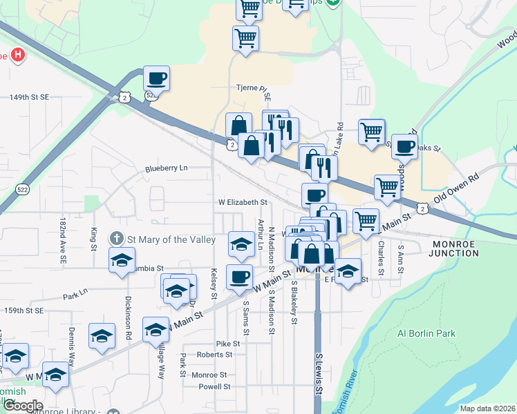 map of restaurants, bars, coffee shops, grocery stores, and more near 322 North Madison Street in Monroe