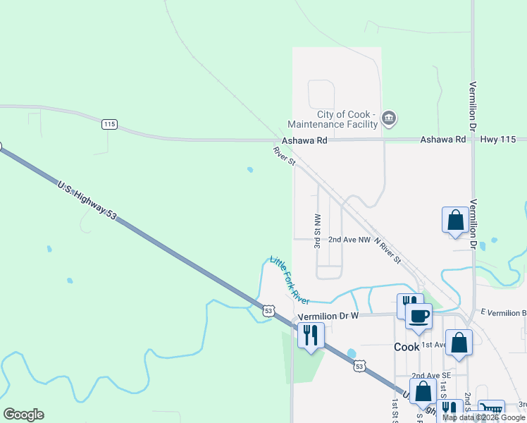 map of restaurants, bars, coffee shops, grocery stores, and more near 411 4th Street Northwest in Cook