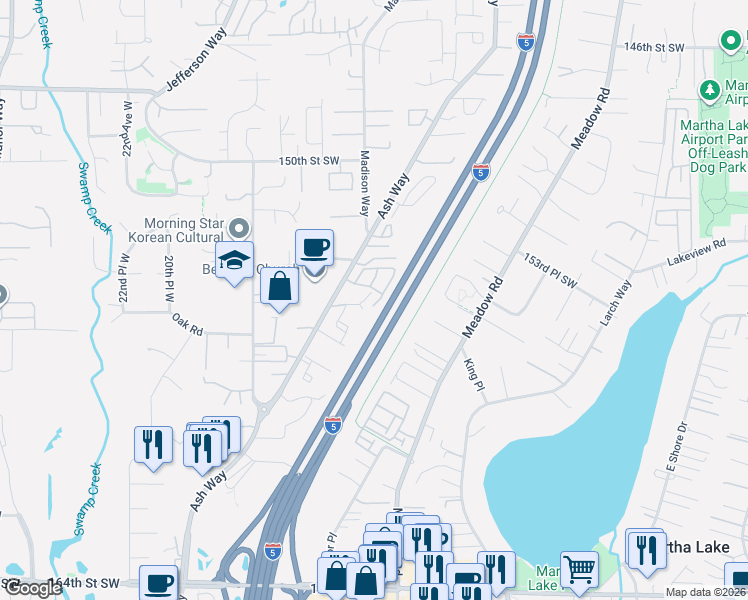 map of restaurants, bars, coffee shops, grocery stores, and more near 15408 14th Avenue West in Lynnwood