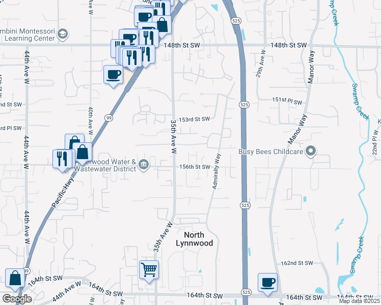 map of restaurants, bars, coffee shops, grocery stores, and more near 3311 156th Street Southwest in Lynnwood