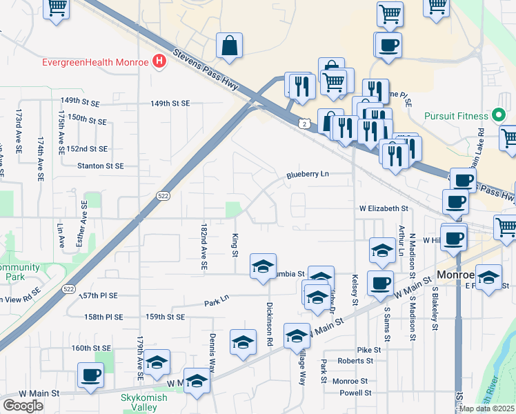 map of restaurants, bars, coffee shops, grocery stores, and more near 18460 Killarney Circle in Monroe