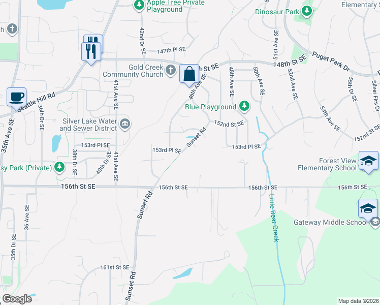 map of restaurants, bars, coffee shops, grocery stores, and more near 15409 Sunset Road in Bothell