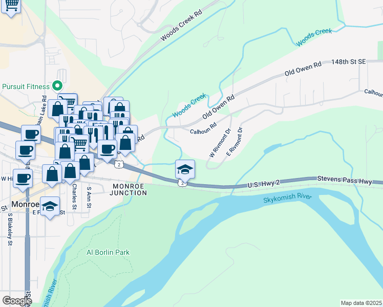 map of restaurants, bars, coffee shops, grocery stores, and more near 20422 Calhoun Road in Monroe