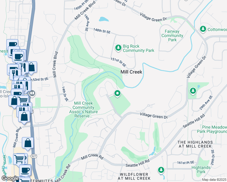 map of restaurants, bars, coffee shops, grocery stores, and more near 15512 Country Club Drive in Mill Creek