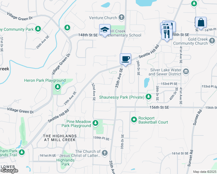 map of restaurants, bars, coffee shops, grocery stores, and more near 3314 153rd Place Southeast in Mill Creek