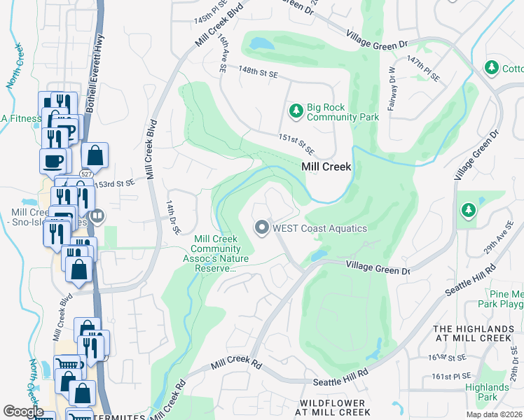 map of restaurants, bars, coffee shops, grocery stores, and more near 15433 Country Club Drive in Mill Creek