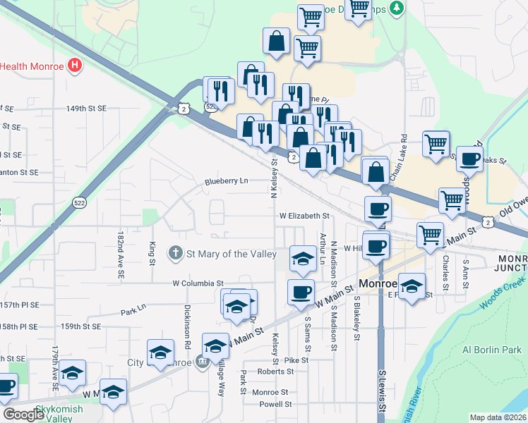 map of restaurants, bars, coffee shops, grocery stores, and more near 601 West Elizabeth Street in Monroe