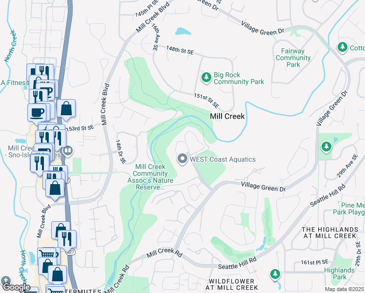 map of restaurants, bars, coffee shops, grocery stores, and more near 15433 Country Club Drive in Mill Creek