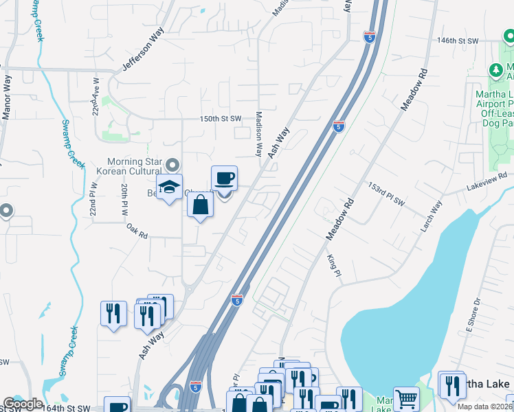 map of restaurants, bars, coffee shops, grocery stores, and more near 1420 153rd Place Southwest in Lynnwood