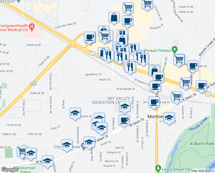 map of restaurants, bars, coffee shops, grocery stores, and more near 601 West Elizabeth Street in Monroe