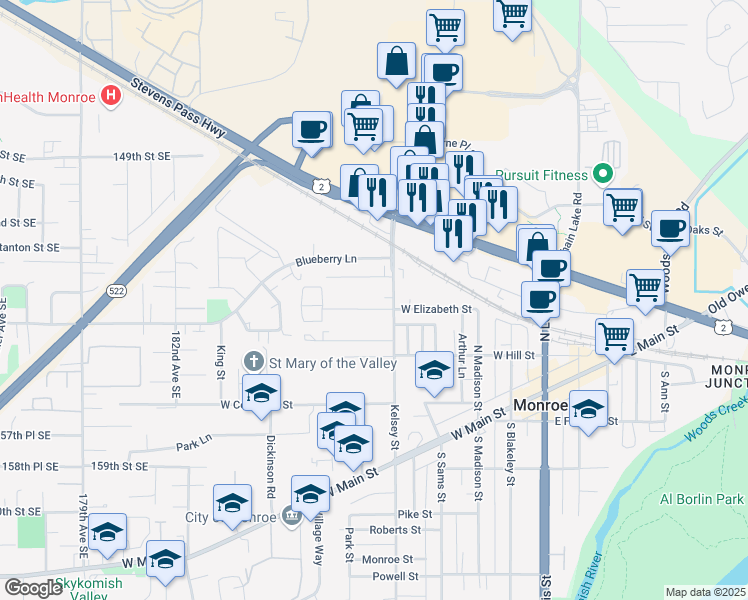 map of restaurants, bars, coffee shops, grocery stores, and more near 620 North Street in Monroe