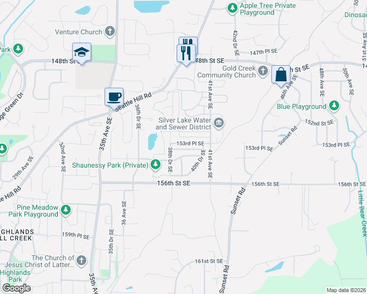 map of restaurants, bars, coffee shops, grocery stores, and more near 3910 152nd Place Southeast in Bothell