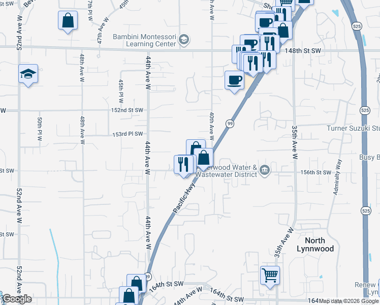 map of restaurants, bars, coffee shops, grocery stores, and more near 15404 40th Avenue West in Lynnwood