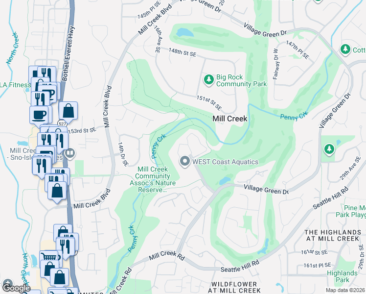 map of restaurants, bars, coffee shops, grocery stores, and more near 15433 Country Club Drive in Mill Creek