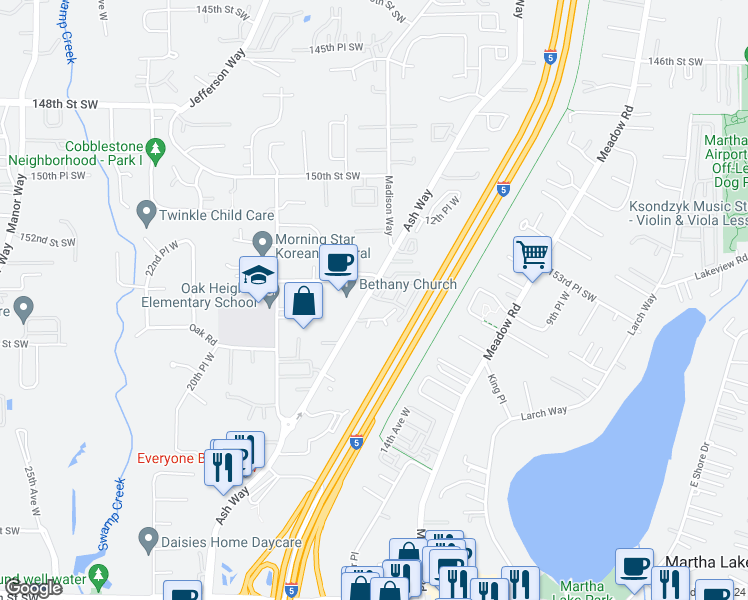 map of restaurants, bars, coffee shops, grocery stores, and more near 1504 153rd Place Southwest in Lynnwood