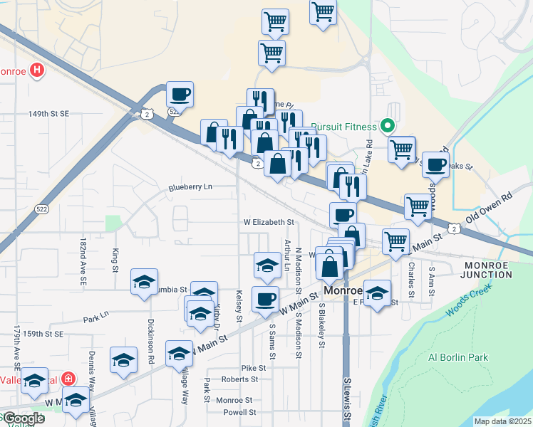 map of restaurants, bars, coffee shops, grocery stores, and more near 341 West Elizabeth Street in Monroe