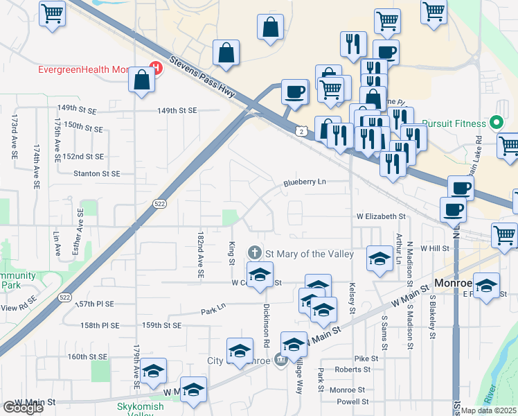 map of restaurants, bars, coffee shops, grocery stores, and more near 18520 Blueberry Lane in Monroe