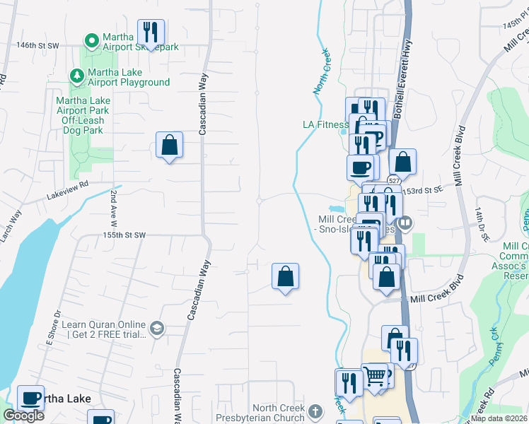 map of restaurants, bars, coffee shops, grocery stores, and more near 15327 3rd Drive Southeast in Mill Creek