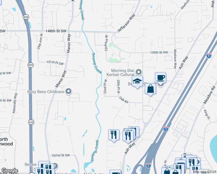 map of restaurants, bars, coffee shops, grocery stores, and more near 15322 22nd Place West in Lynnwood