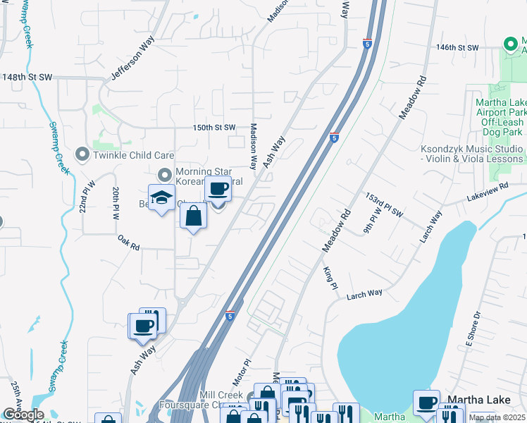 map of restaurants, bars, coffee shops, grocery stores, and more near 15319 14th Place West in Lynnwood