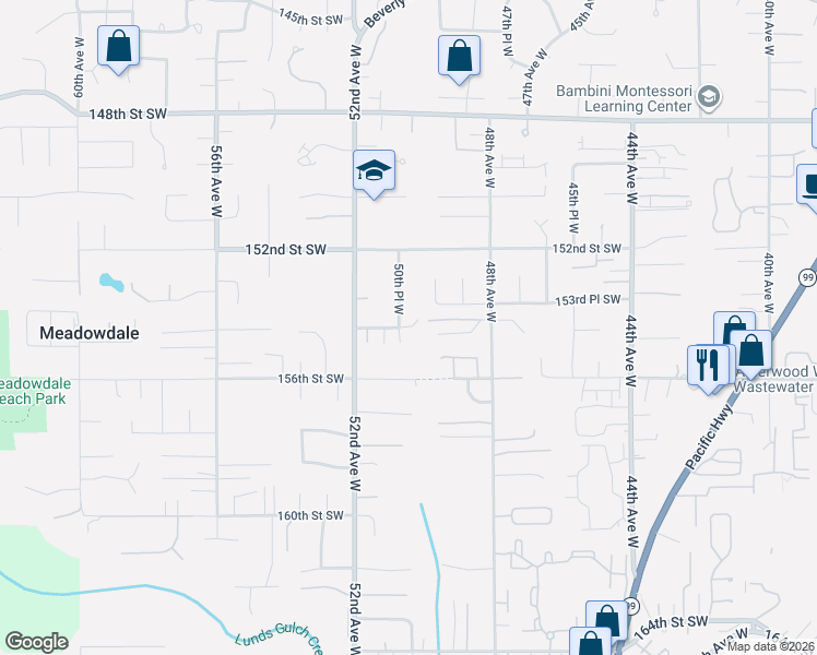 map of restaurants, bars, coffee shops, grocery stores, and more near 15415 50th Place West in Edmonds