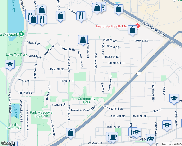 map of restaurants, bars, coffee shops, grocery stores, and more near 17290 153rd Street Southeast in Monroe