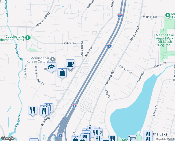 map of restaurants, bars, coffee shops, grocery stores, and more near 15302 14th Avenue West in Lynnwood