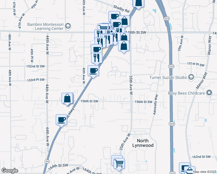 map of restaurants, bars, coffee shops, grocery stores, and more near 15414 35th Avenue West in Lynnwood