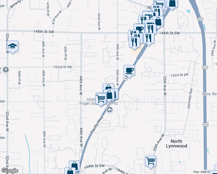 map of restaurants, bars, coffee shops, grocery stores, and more near 15404 40th Avenue West in Lynnwood