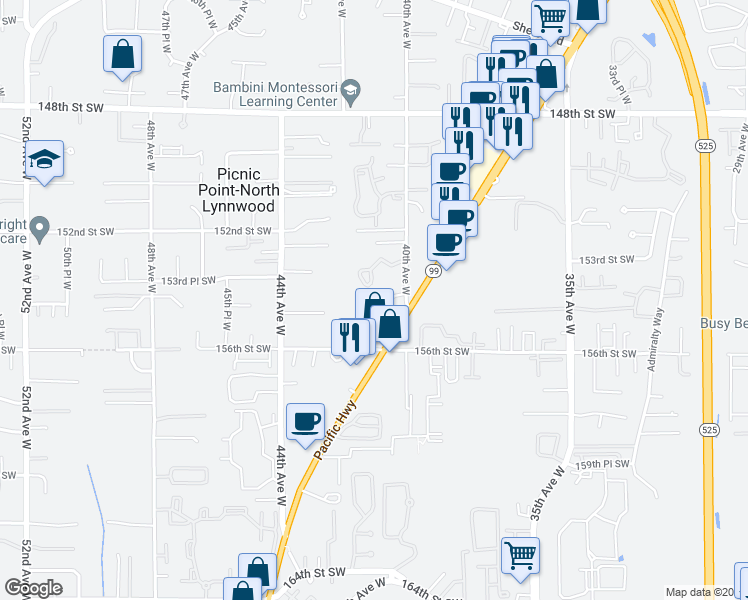 map of restaurants, bars, coffee shops, grocery stores, and more near 15404 40th Avenue West in Lynnwood