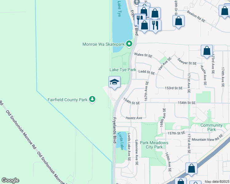 map of restaurants, bars, coffee shops, grocery stores, and more near 15286 Fryelands Boulevard Southeast in Monroe