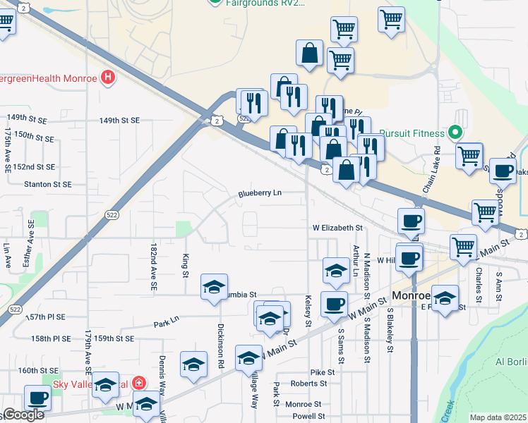 map of restaurants, bars, coffee shops, grocery stores, and more near 650 North Street in Monroe