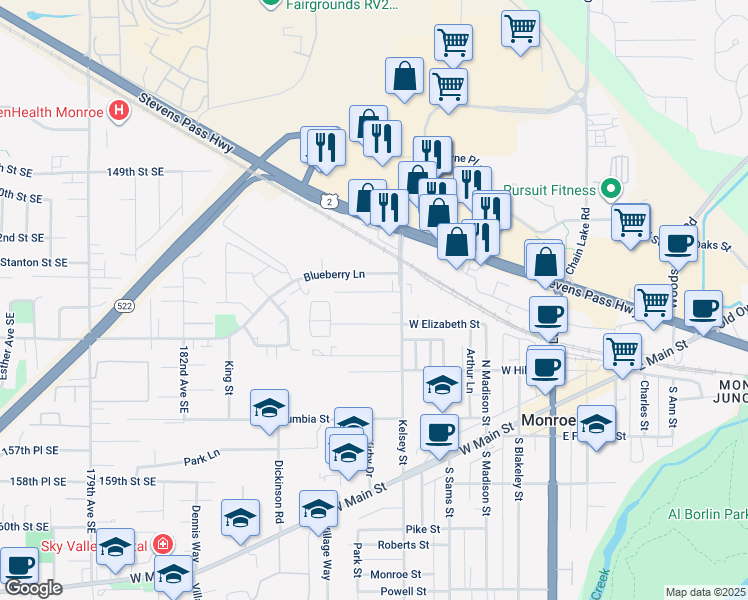 map of restaurants, bars, coffee shops, grocery stores, and more near 620 North Street in Monroe