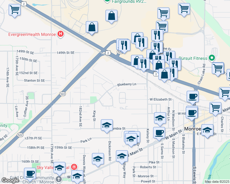 map of restaurants, bars, coffee shops, grocery stores, and more near 18540 Galway Bay Southeast in Monroe