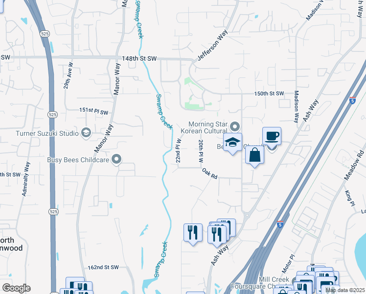 map of restaurants, bars, coffee shops, grocery stores, and more near 15322 22nd Place West in Lynnwood