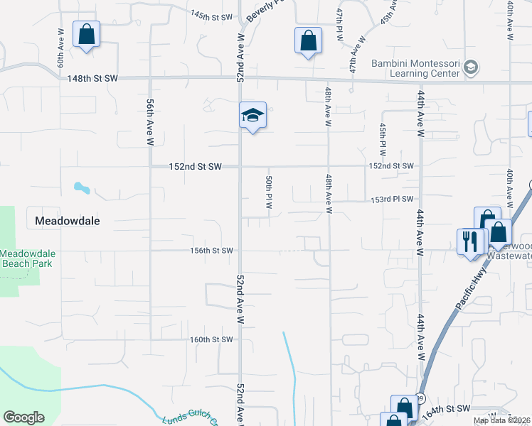 map of restaurants, bars, coffee shops, grocery stores, and more near 15326 50th Place West in Edmonds
